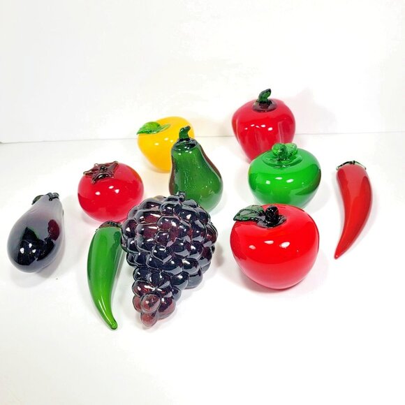 Vintage Hand Blown Glass Lot of 10 Pcs Vegetables & Fruits Murano Style Art Deco